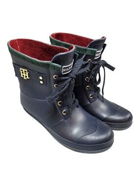 Tommy Hilfiger Faux Fur Lined Rain Boots Navy Lace Up Size 8